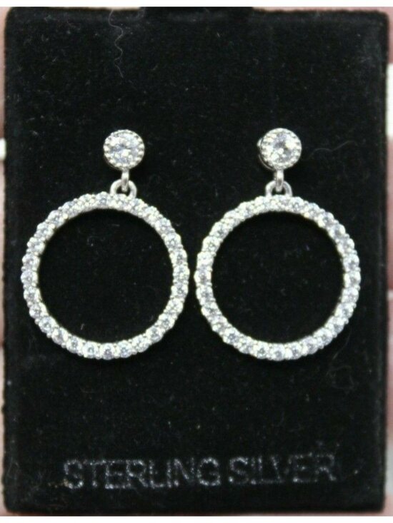 Unbranded Jewelry - Sterling Silver & CZ Circle Dangle Earrings Rhodium Plated Marked 925 New #G10